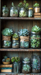 Poster - Assorted succulents are beautifully arranged in glass jars on a rustic wooden shelf, emphasizing greenery and creative decor ideas