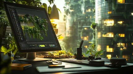 Poster - A modern workspace with a computer, plants, and a view of green urban architecture.