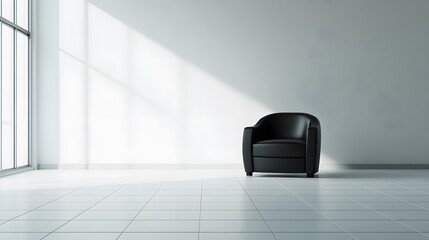 Poster - A plain black armchair on a white tiled floor in a spacious room, emphasizing high contrast in minimalist design. Wide angle shot, Cinematic Scene, 4k resolution, cinematic scene