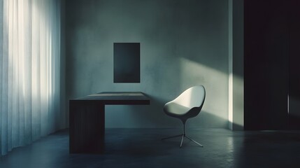 Poster - A minimalist workspace with a dark wood desk and white chair, capturing the beauty of contrast in a clean, simple environment. Wide angle shot, Cinematic Scene, 4k resolution, cinematic scene