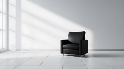 Poster - A plain black armchair on a white tiled floor in a spacious room, emphasizing high contrast in minimalist design. Wide angle shot, Cinematic Scene, 4k resolution, cinematic scene