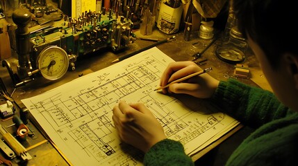 Poster - A person sketches technical plans on a blueprint in a dimly lit workshop.