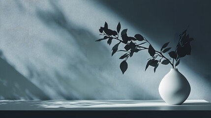 Aufkleber - A minimalist table with a white vase and dark foliage, highlighting contrast and clean design elements. Wide angle shot, Cinematic Scene, 4k resolution, cinematic scene