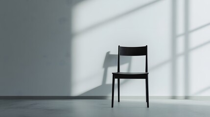 Poster - A black wooden chair against a light gray wall in a minimalist room, showcasing contrast and simplicity. Wide angle shot, Cinematic Scene, 4k resolution, cinematic scene