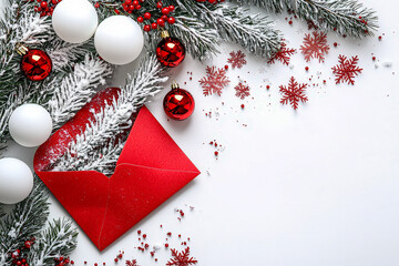 Poster - A vibrant collection of holiday decorations includes a red envelope filled with snow, white ornaments, and evergreen accents on a flat surface