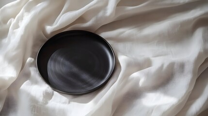 Poster - A simple still life with a black ceramic plate on a white cloth, highlighting contrast in a clean, elegant way. Wide angle shot, Cinematic Scene, 4k resolution, cinematic scene
