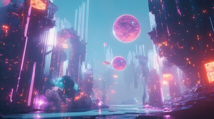 Poster - An abstract digital landscape with floating neon spheres and interconnected digital lines, creating a dreamlike and hyper-futuristic atmosphere of technological innovation. 4k resolution, cinematic