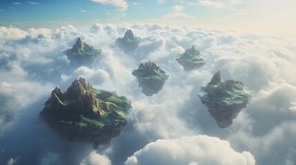 Poster - A dreamlike digital world with floating islands covered in metallic textures, set against a vast, cloud-filled sky. 4k resolution, cinematic scene