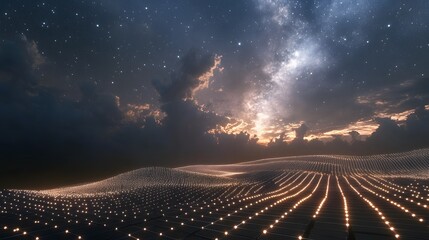 Poster - A glowing grid landscape under a cosmic sky with bright constellations, creating a surreal futuristic environment. 4k resolution, cinematic scene
