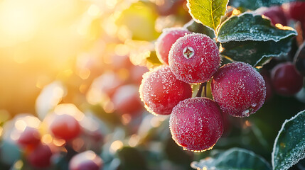 Aufkleber - Morning sunlight illuminates frost-laden red berries, showcasing winter's beauty in a tranquil setting