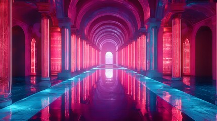 Poster - A sci-fi digital structure composed of endless, mirrored panels with reflections of neon lights, forming an abstract futuristic labyrinth. 4k resolution, cinematic scene