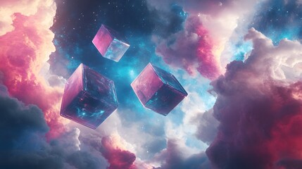 Poster - A conceptual sci-fi landscape featuring giant transparent cubes floating in a sky filled with colorful nebulae, blending digital art with science fiction. 4k resolution, cinematic scene