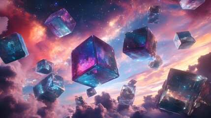 Poster - A conceptual sci-fi landscape featuring giant transparent cubes floating in a sky filled with colorful nebulae, blending digital art with science fiction. 4k resolution, cinematic scene