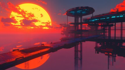 Poster - A futuristic skyline bathed in holographic light with multiple levels of floating walkways, set under a vast, dreamlike sunset. 4k resolution, cinematic scene