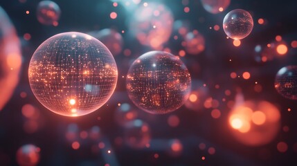 Poster - A sci-fi inspired grid structure with layers of floating orbs, representing data, hovering in a dark conceptual space. 4k resolution, cinematic scene
