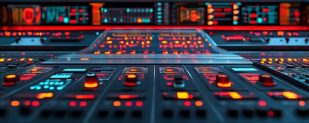 Poster - A futuristic control panel with glowing buttons and screens, suggesting a high-tech environment.