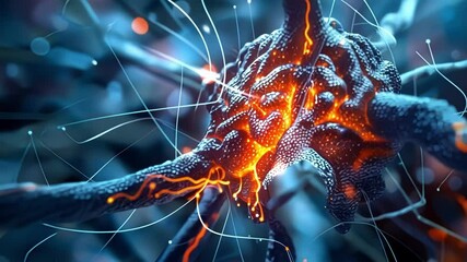 Poster - illustrating a 3d human brain neuron in action, transferring pulses and signals in a complex neural 