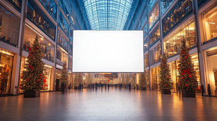 Poster - A bustling shopping mall features a large blank screen, surrounded by beautifully decorated Christmas trees and many shoppers enjoying the atmosphere