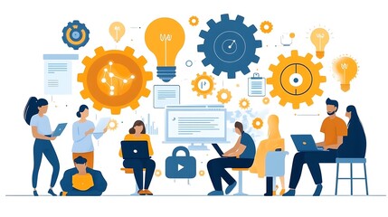 Business team working on mobile phones and laptop with business ideas icons
