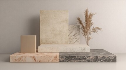Leinwandbilder - Modern minimalist marble podium displaying cosmetic products with pampas grass decoration