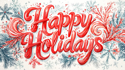 Poster - A playful and colorful Happy Holidays greeting features elegant lettering surrounded by holiday-themed decorations and snowflakes