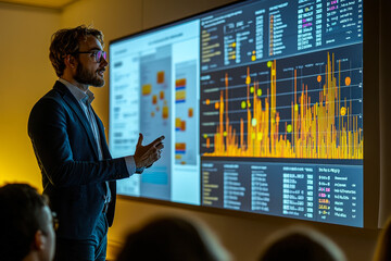 Poster - A presenter engages the audience with data visualizations and analysis on a large screen while discussing key insights during a meeting