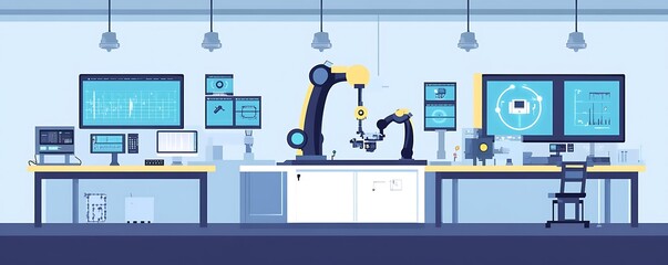 Poster - A modern laboratory featuring robotic arms and multiple screens for technology and research.