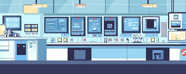 Poster - A modern control room with monitors and equipment for industrial or scientific operations.