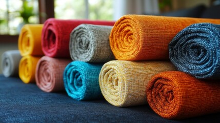 Poster - A vibrant assortment of rolled textiles in different colors lies on a table. The bright room allows natural light to illuminate the fabrics highlighting their textures and patterns.