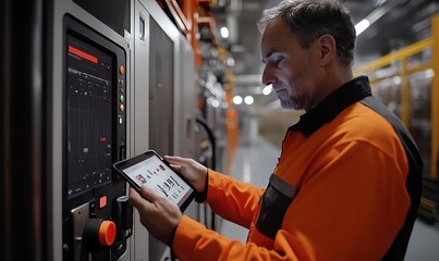 Poster - A technician monitors equipment using a tablet in an industrial setting.