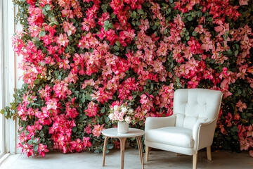 Poster - A cozy indoor area features a plush white chair paired with a small table, adorned with a lovely floral arrangement while a wall of pink flowers creates a vibrant backdrop