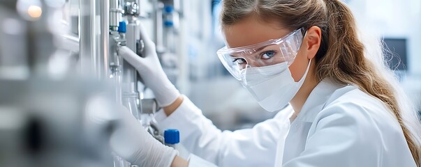 Poster - A scientist in a lab coat and protective gear works with laboratory equipment.