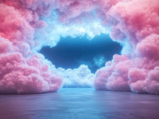 Wall Mural - Dreamy cotton candy clouds create surreal atmosphere under neon blue and pink sky, inviting wonder and imagination. scene is illuminated by twinkling stars, enhancing its magical feel