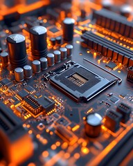 Poster - Close-up of a circuit board with glowing components, showcasing technology and design.