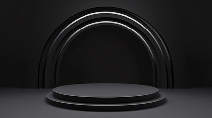 Fototapete - Black minimalist round podium displaying products on dark background