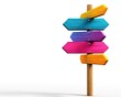 © nitnicha - A colorful wooden signpost with multiple arrows pointing in different directions, symbolizing choices or travel, isolate on white background.