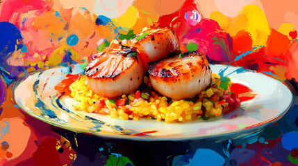 Wall Mural - Abstract art. colorful painting art of an exquisite plate of food. pan-seared scallops with saffron risotto. generative ai. Exquisite. Illustration