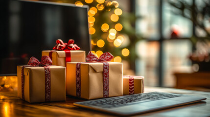 Poster - Presents wrapped in festive paper sit near a keyboard, creating a warm and inviting atmosphere in a workspace decorated for the winter holidays
