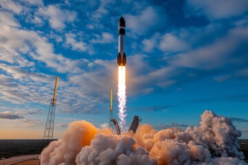 Poster - A rocket taking off against a sunrise sky, symbolizing growth, success, and new beginnings
