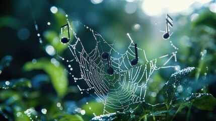 Create a scene where musical notes are woven into a spider web, catching the morning dew.