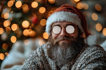 Poster - A joyful man wearing a Santa hat and round glasses enjoys the festive atmosphere while sitting near a beautifully decorated Christmas tree filled with lights