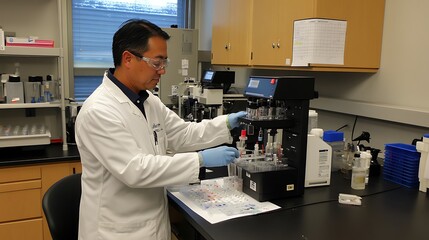 Poster - A scientist conducts experiments in a laboratory setting, using specialized equipment.