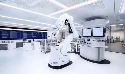 Poster - A modern robotic arm in a sleek, high-tech laboratory setting for automation and research.