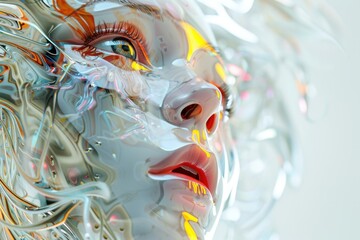 Poster - A digitally rendered portrait of a serene woman surrounded by swirling fragments in an ethereal landscape evoking thoughts of transformation and introspection