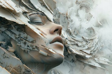 Poster - A digitally rendered portrait of a serene woman surrounded by swirling fragments in an ethereal landscape evoking thoughts of transformation and introspection