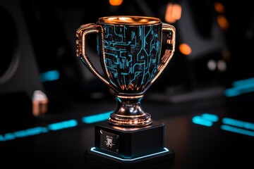 Poster - Cyberpunk trophy with neon lights, futuristic design, and digital accents to represent success in a high-tech world