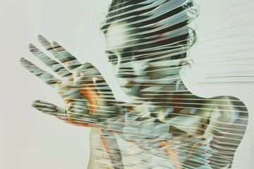 Poster - A woman captivates the viewer with a striking blend of light and shadow, her hands gesturing against a translucent backdrop in an artistic exploration of motion and emotion
