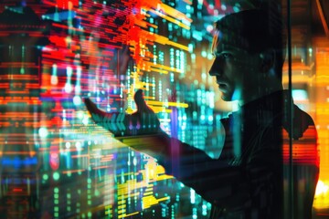 Poster - A woman captivates the viewer with a striking blend of light and shadow, her hands gesturing against a translucent backdrop in an artistic exploration of motion and emotion