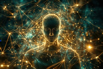 Fototapete - A digital human figure composed of glowing particles and intricate connections, representing advanced technology and artificial intelligence in a futuristic realm