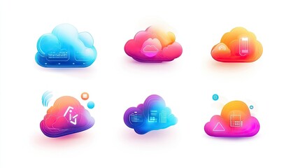 Poster - Vibrant Digital Cloud Icons Representing Data Management, Technology, Connectivity, and Cloud Computing in Modern UI Design and Colorful Aesthetic for Web Applications